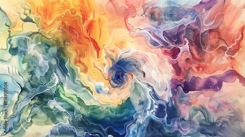 Create an aerial watercolor painting that visually interprets the conflicting thoughts and emotions experienced by someone with schizophrenia Incorporate swirling patterns and cont photo