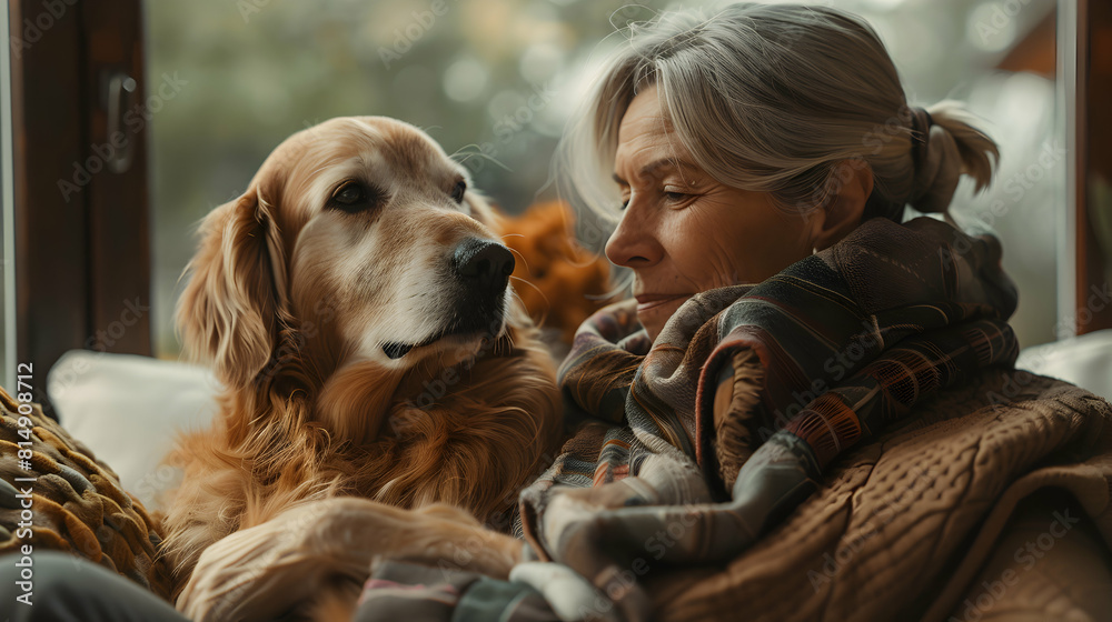 Caring Woman with Arthritis Cherishing Comfort and Companionship from Her Loyal Dog in Living Room Setting   Photo Realistic Concept