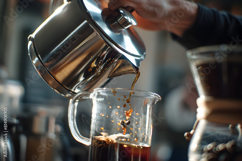  a person s hands pouring coffee from a French press or coffee pot  ideal for representing morning routines  caffeine consumption  and coffee culture