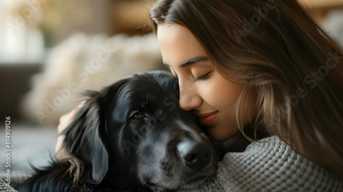 Photo realistic depiction of a woman with hearing impairment joyfully training her service dog at home, showcasing their strong bond and mutual support in a heartwarming concept