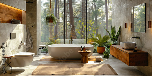 A modern bathroom with a large tub and wooden floor.