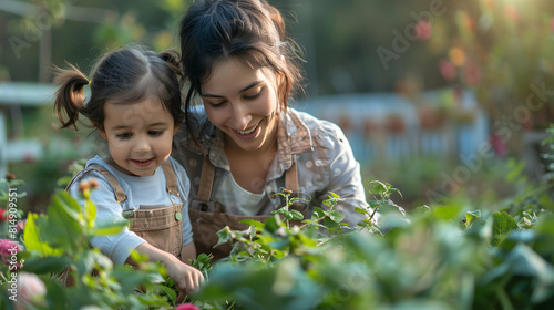A woman with visual impairment gardening with her daughter  showing joy in inclusive family activities   Photo Stock Concept
