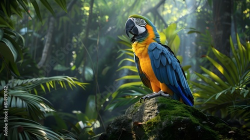 Vibrant Macaw Parrot Perched on Moss-Covered Rock in Moody Jungle Landscape