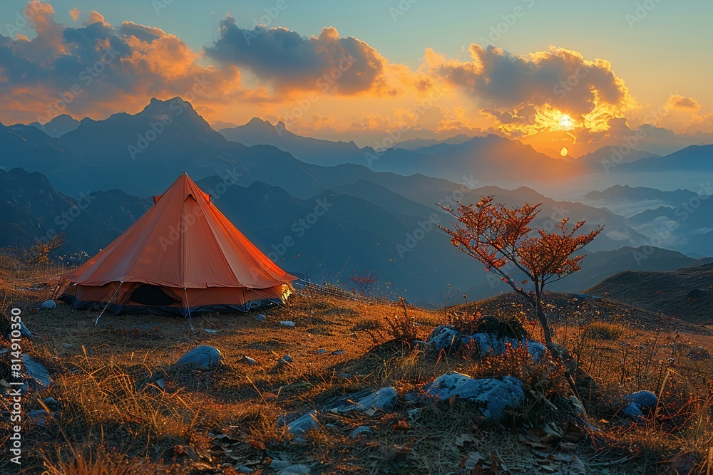 Featuring a  tent pitched on a hill with the sun setting behind