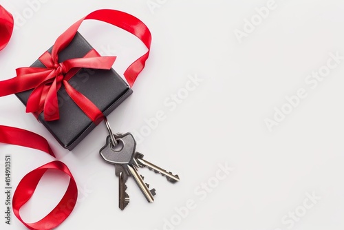 Houseshaped keychain with keys in an open gift box on white background, closeup view, red ribbon around photo