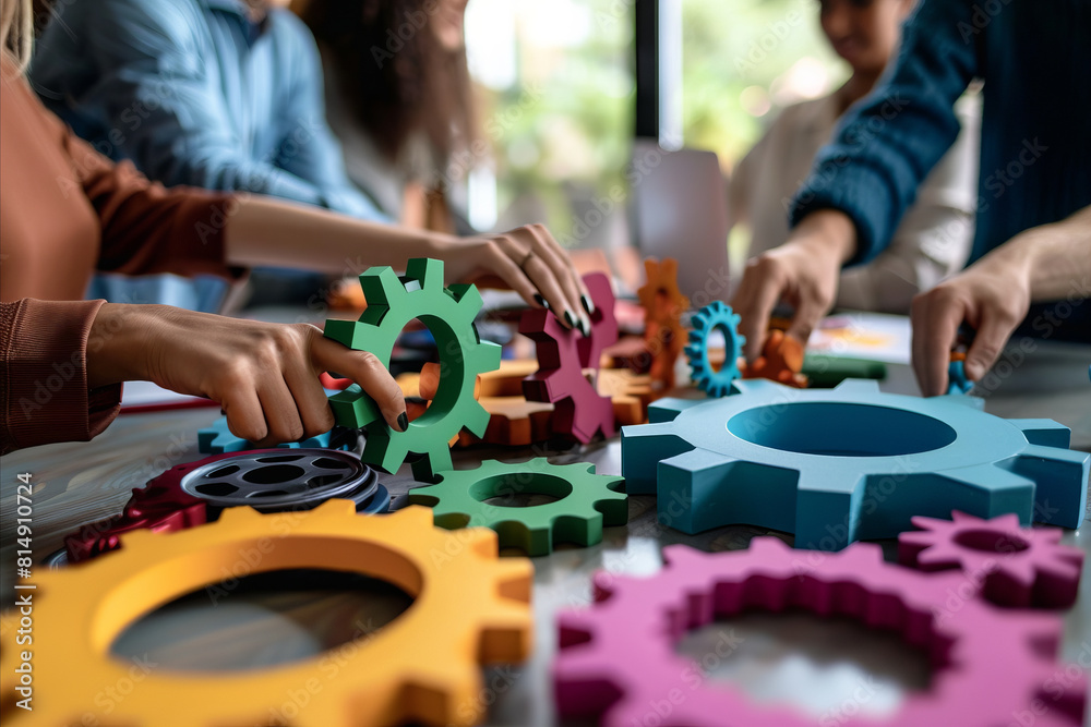 Close up of a team of business people holding colorful gears in their hands working together Close up of a team of business people holding colorful gears in their hands working together
