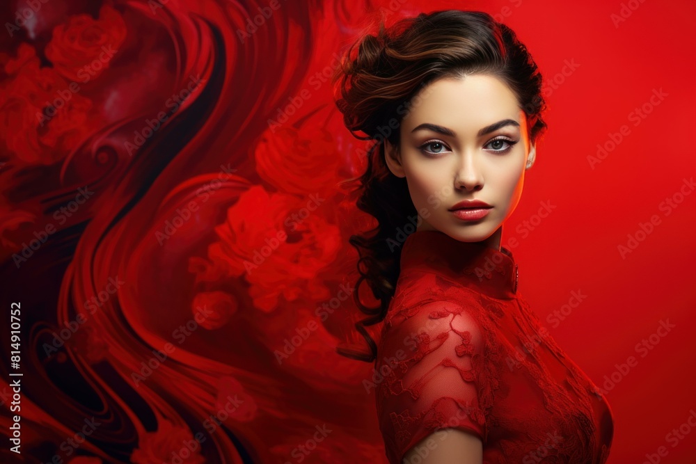 Elegant young woman in a red dress with a stylized rose pattern background Elegant young woman in a red dress with a stylized rose pattern background