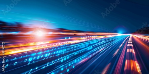 A digital background with blue and white lights moving fast, representing the speed of data transfer in technology. 