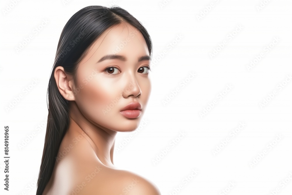 A woman with smooth, sleek hair and flawless skin isolated on white A woman with smooth, sleek hair and flawless skin isolated on white