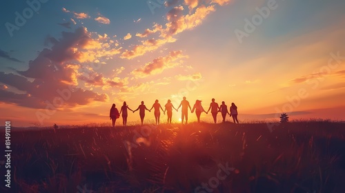 A group of diverse people of all ages stand together in a field, holding hands and watching the sunset © ngstock