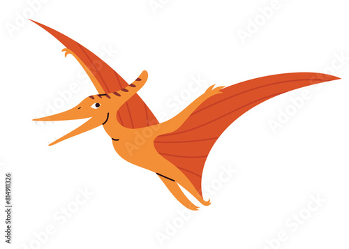 Smiling winged dinosaur Pterosaur, flying prehistoric reptile. Hand drawn vector illustration in flat childish design, isolated on white background
