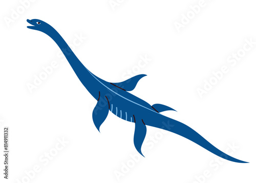 Long neck water dinosaur Elasmosaur, cute lake monster. Hand drawn childish vector illustration, isolated on white background