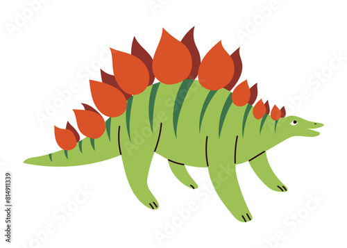 Funny and cute Stegosaurus dinosaur with spikes on the back. Hand drawn vector illustration, isolated on white