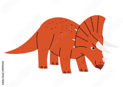 Cute Triceratops dinosaur, childish hand drawn vector illustration with prehistoric creature, isolated on white