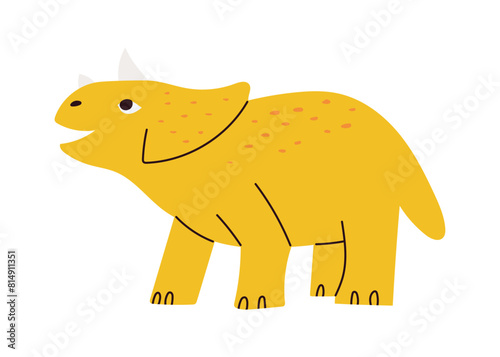 Cute baby Triceratops dinosaur,smiling yellow creature. Hand drawn vector illustration in flat design, isolated on white