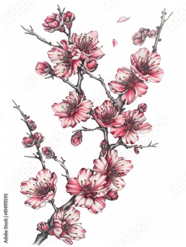 Gorgeous Blooming Cherry Blossom Tattoo Inspired Floral Art on White Background