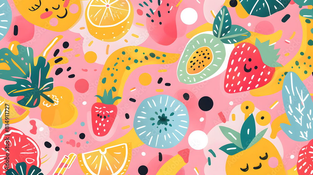 Summer Wallpaper Design Illustration - Fruits Cute Theme with Leaves Decoration Summer Wallpaper Design Illustration - Fruits Cute Theme with Leaves Decoration