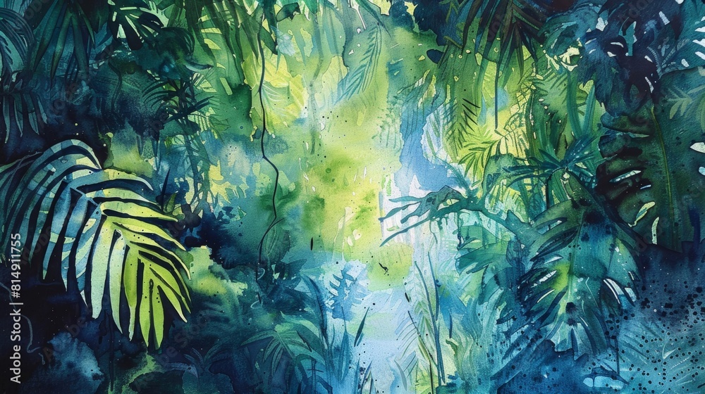 Fototapeta premium A bold and expressive splash of watercolor using rich greens and blues, capturing the energy and mystery of a jungle scene