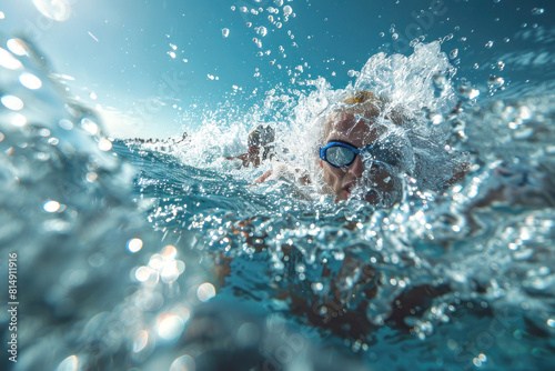 Summer Triathlon Excitement: Athletes Swimming with Lakeshore Spectators Cheering