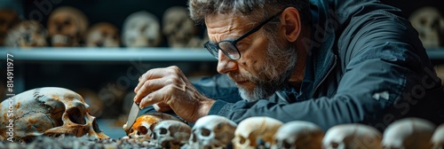 male anthropologist analyzing skeletal remains to understand ancient civilizations photo