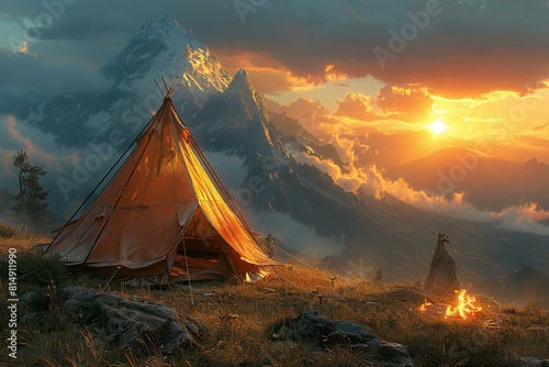 A tent pitched on a hill with the sun setting behind