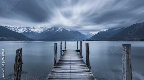 Wooden dock in a lake in the mountains  long exposure