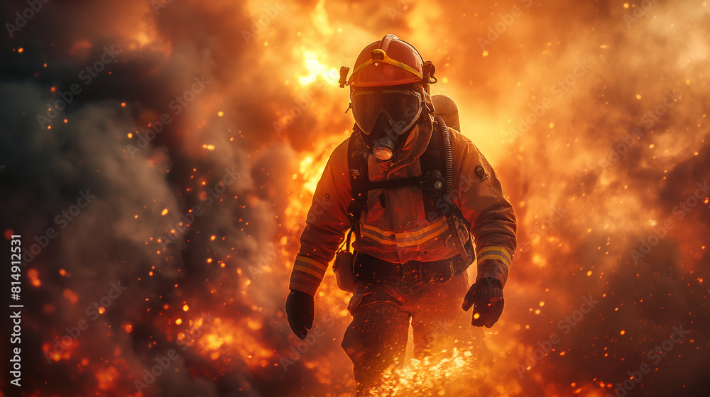 A dramatic photograph capturing the intensity of a firefighter battling a raging inferno, surrounded by billowing smoke and flames, as they work tirelessly to protect lives and pro A dramatic photograph capturing the intensity of a firefighter battling a raging inferno, surrounded by billowing smoke and flames, as they work tirelessly to protect lives and pro