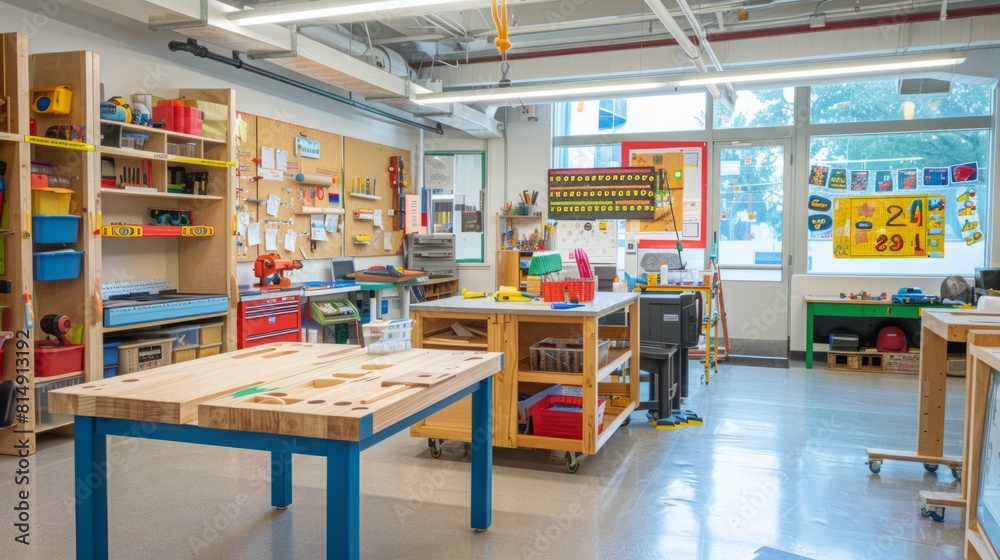 The room is filled with numerous work tables, each equipped with various tools and materials. People are working on different projects surrounded by a cluttered yet organized space. The room is filled with numerous work tables, each equipped with various tools and materials. People are working on different projects surrounded by a cluttered yet organized space.