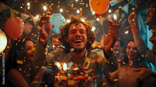 A group of friends celebrate a birthday with a cake, candles, and confetti