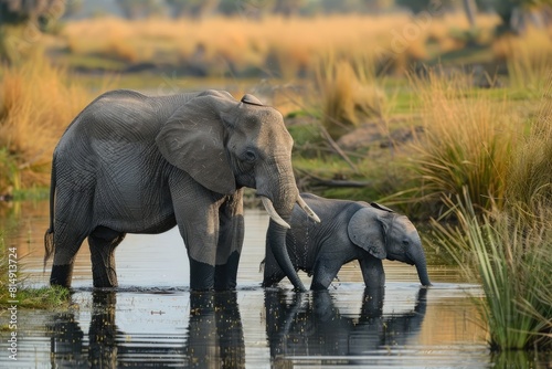 elephant with her child drinking water for pond