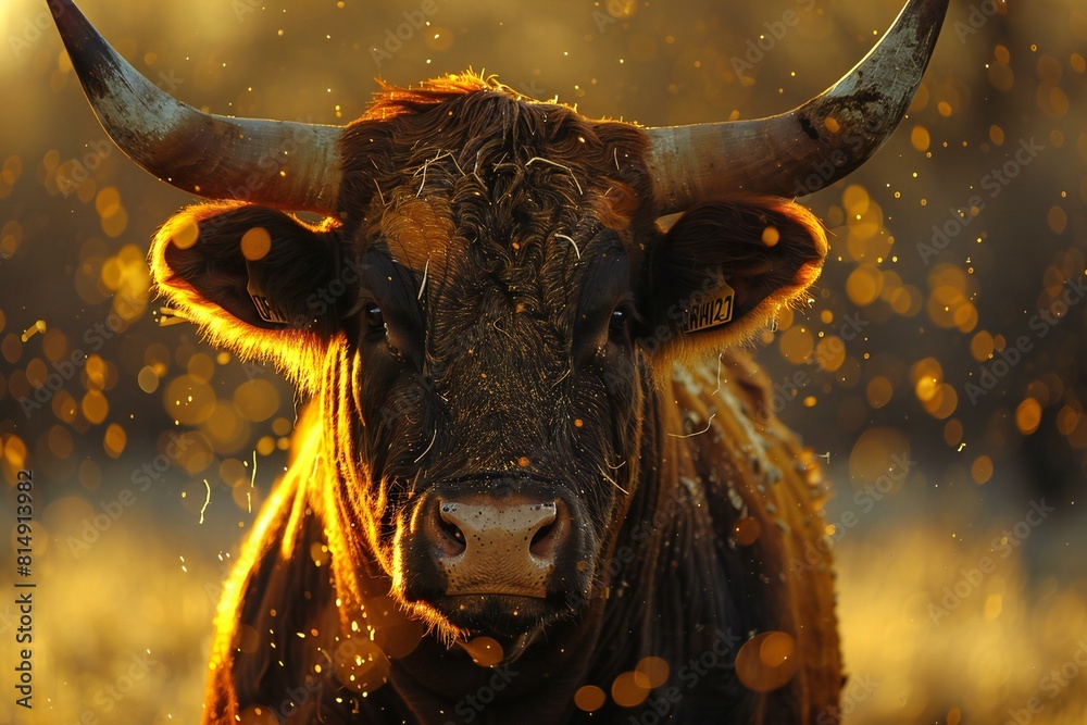 Close-up portrait of a brown cow in the field at sunset