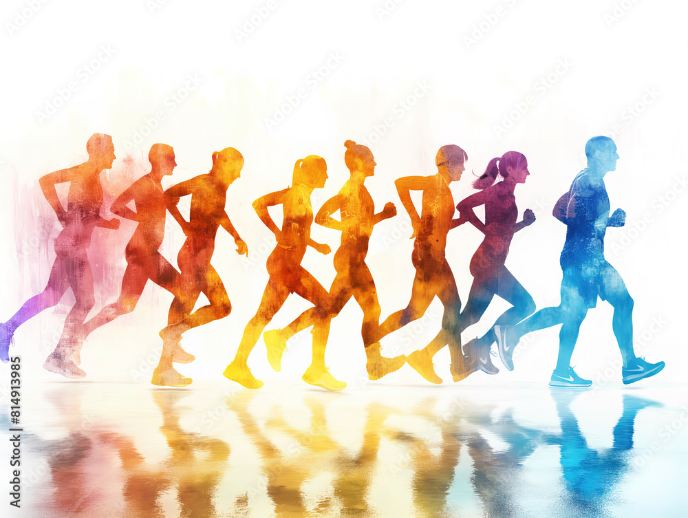Fototapeta premium Illustration of people running working out in colourful spectrum with white background