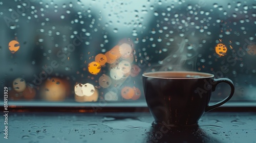 Cozy Rainy Day Coffee, Cup on Window Sill with Raindrops