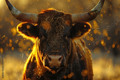 Close-up portrait of a brown cow in the field at sunset
