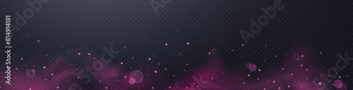 Pink glittering dots, particles, stars, magic sparks with smoke. Glow flare light effect. Pink luminous points in fog. Vector particles on transparent background.