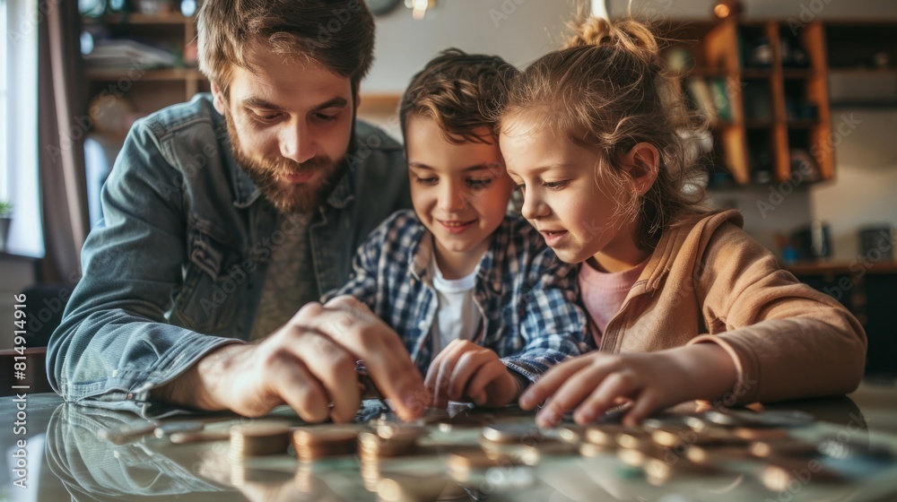 A father and his kids are sitting together, arranging puzzle pieces to complete a jigsaw game. A father and his kids are sitting together, arranging puzzle pieces to complete a jigsaw game.