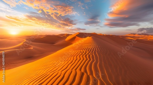 Fiery Sunrise Transforms Vast Golden Desert Dunes into a Symphony of Shadows photo