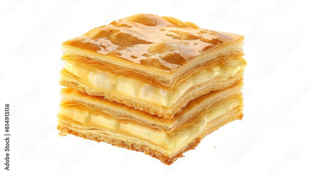 Mille-Feuille with custard filling isolated on white background realistic culinary art theme animation Split-complementary color scheme Mille-Feuille with custard filling isolated on white background realistic culinary art theme animation Split-complementary color scheme