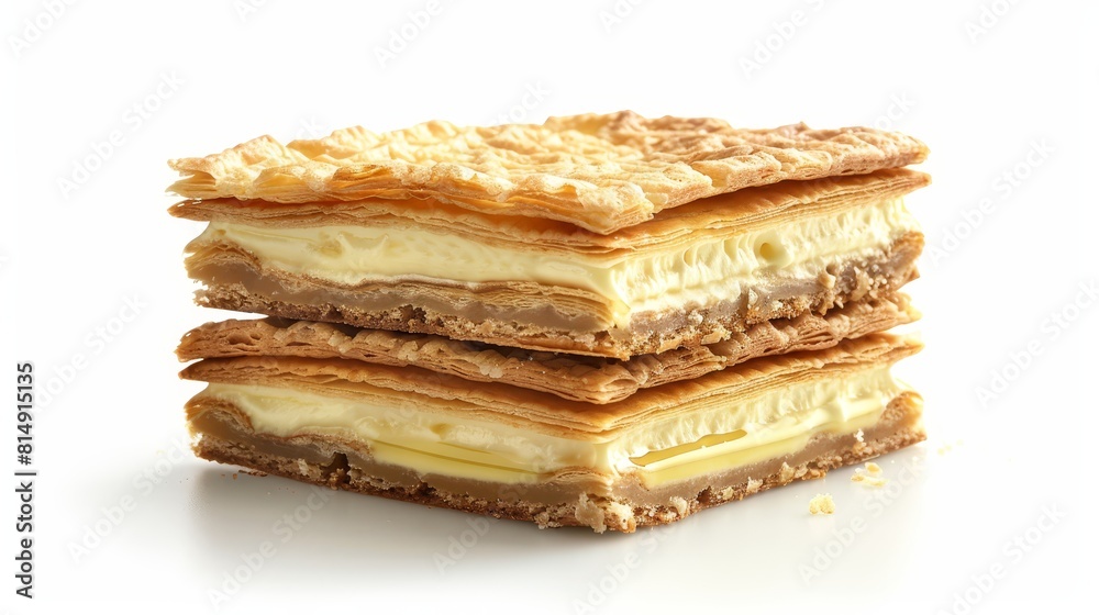 Mille-Feuille with custard filling isolated on white background realistic culinary art theme animation Split-complementary color scheme Mille-Feuille with custard filling isolated on white background realistic culinary art theme animation Split-complementary color scheme