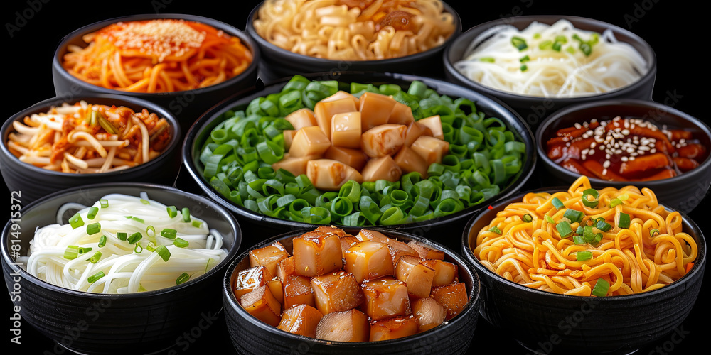 A variety of Asian food is displayed in black bowls on a black background A variety of Asian food is displayed in black bowls on a black background
