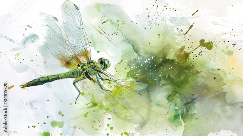 The dynamic movement of a green dragonfly in flight amidst a splash of green watercolor
