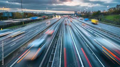 Busy highway with blurred traffic lights at dusk. Rush hour captured with long exposure. Dynamic transportation scene represents urban life s pace. AI