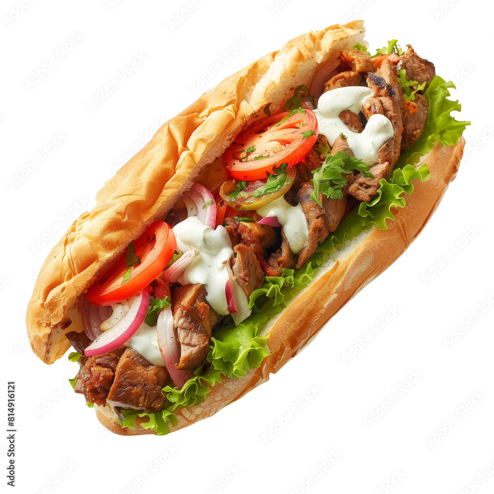 Döner Kebab Doner Kebap fast food in flatbread with white mild sauce ...