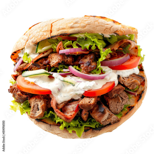 Döner Kebab Doner Kebap fast food in flatbread with white mild sauce . Clipart PNG image . Transparent background