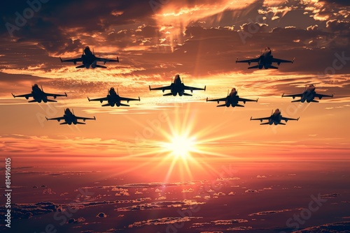 Majestic Squadron of Jets in Formation Against Sunset Sky