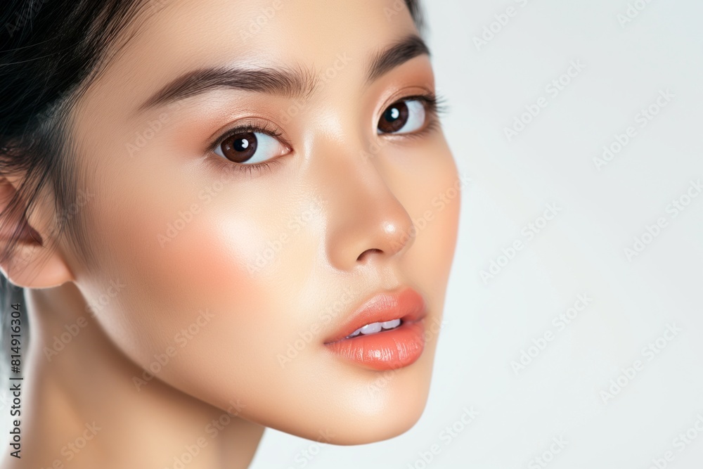 A woman with luminous skin and glossy lips with copy space A woman with luminous skin and glossy lips with copy space