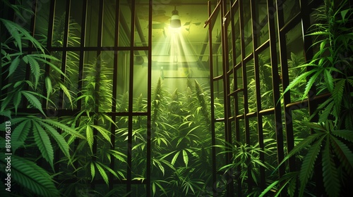 Inside a prison, marijuana plants are visible growing as a beam of light shines through the cell bars
