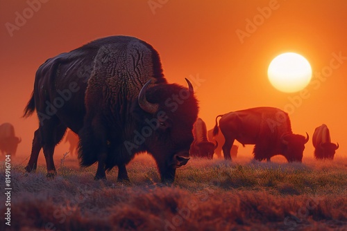 Bison and buffalo in the prairie at sunset, Yellowstone National Park, Wyoming photo