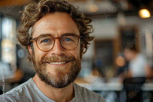 Smiling man with beard and glasses in office, high quality, high resolution