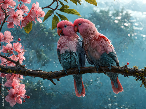 Two lovebirds are cuddling on a branch, creating a poetic scene with picturesque blooming flowers, Generative AI photo